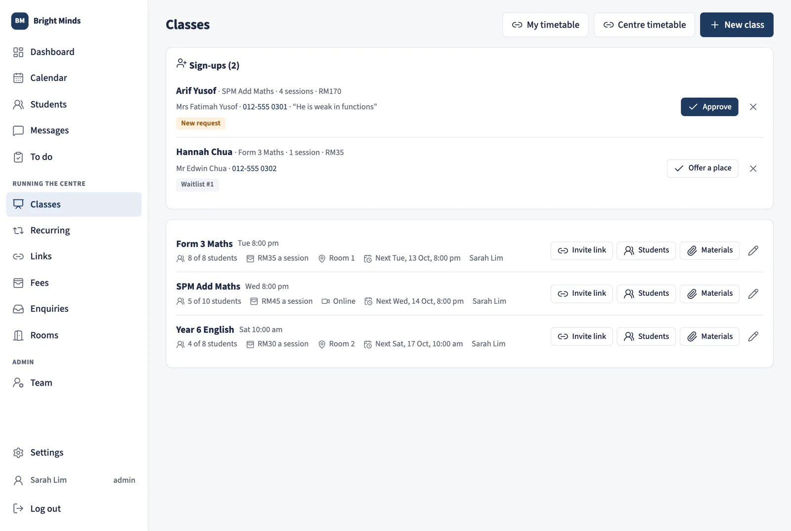 The Classes page: sign-up requests to approve, a waitlist, and each class with its students, price, room and next session.