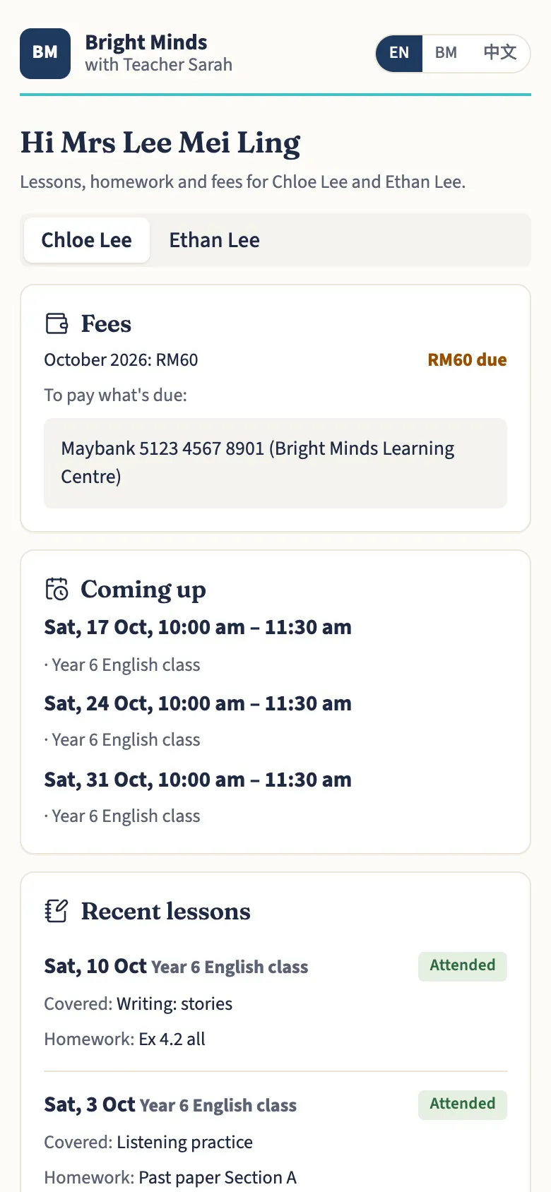 A parent's family page on a phone: fees due with the centre's bank details, upcoming classes, and recent lessons with topics and homework.