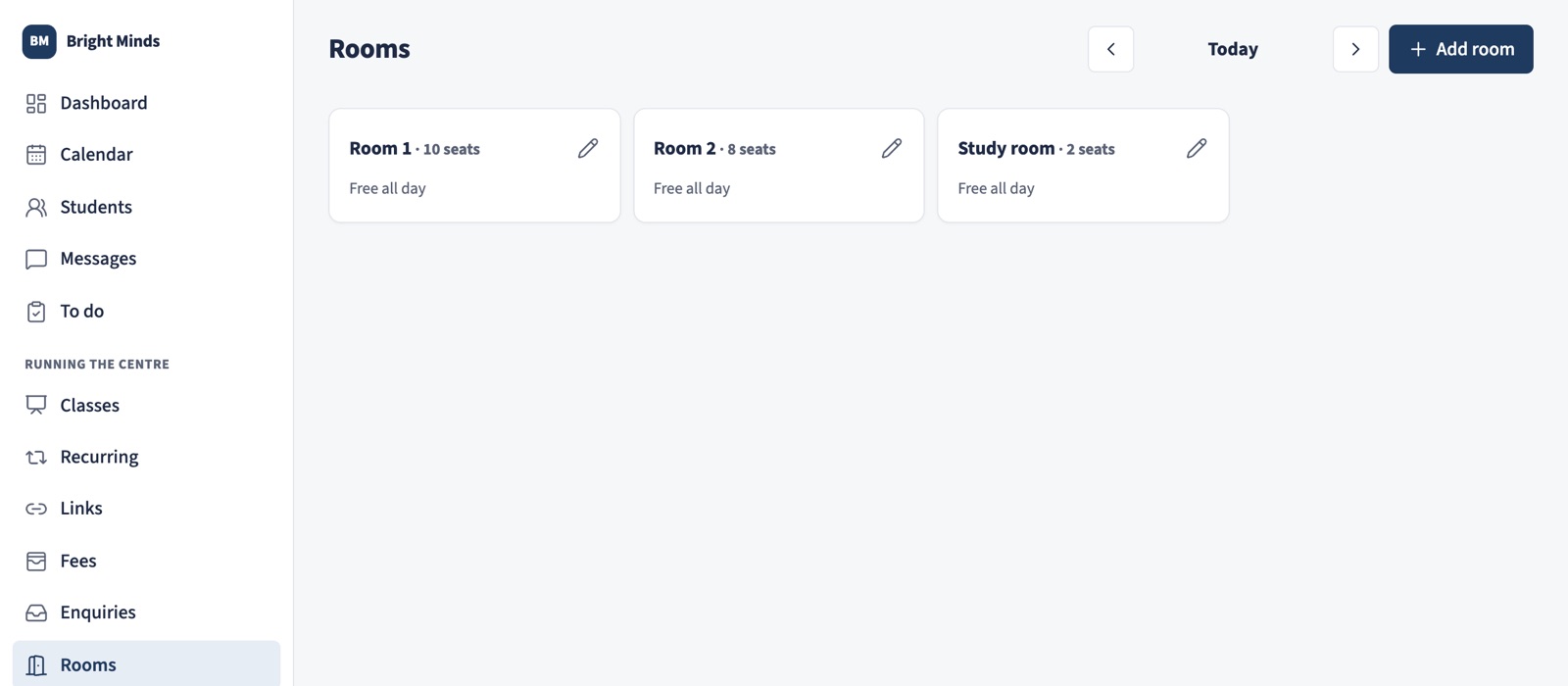 The Rooms page: each room's bookings for one day, side by side.