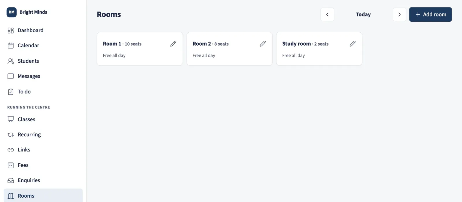 The Rooms page: each room's bookings for the day, side by side.