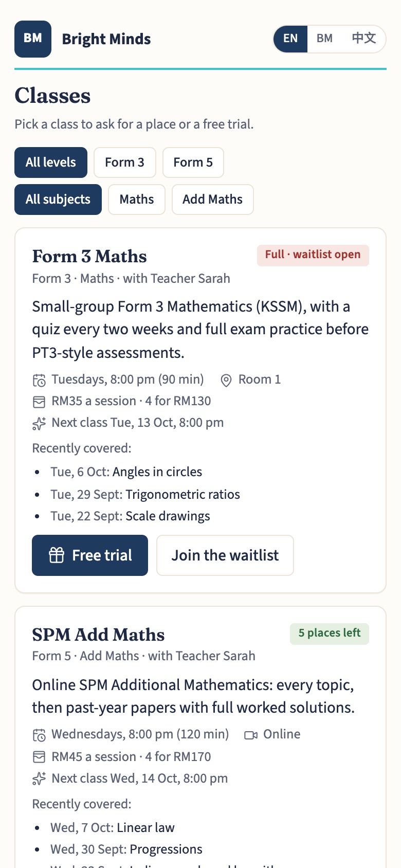 The centre timetable on a phone: classes filtered by level and subject, with places left, the price, and buttons for a free trial or the waitlist.
