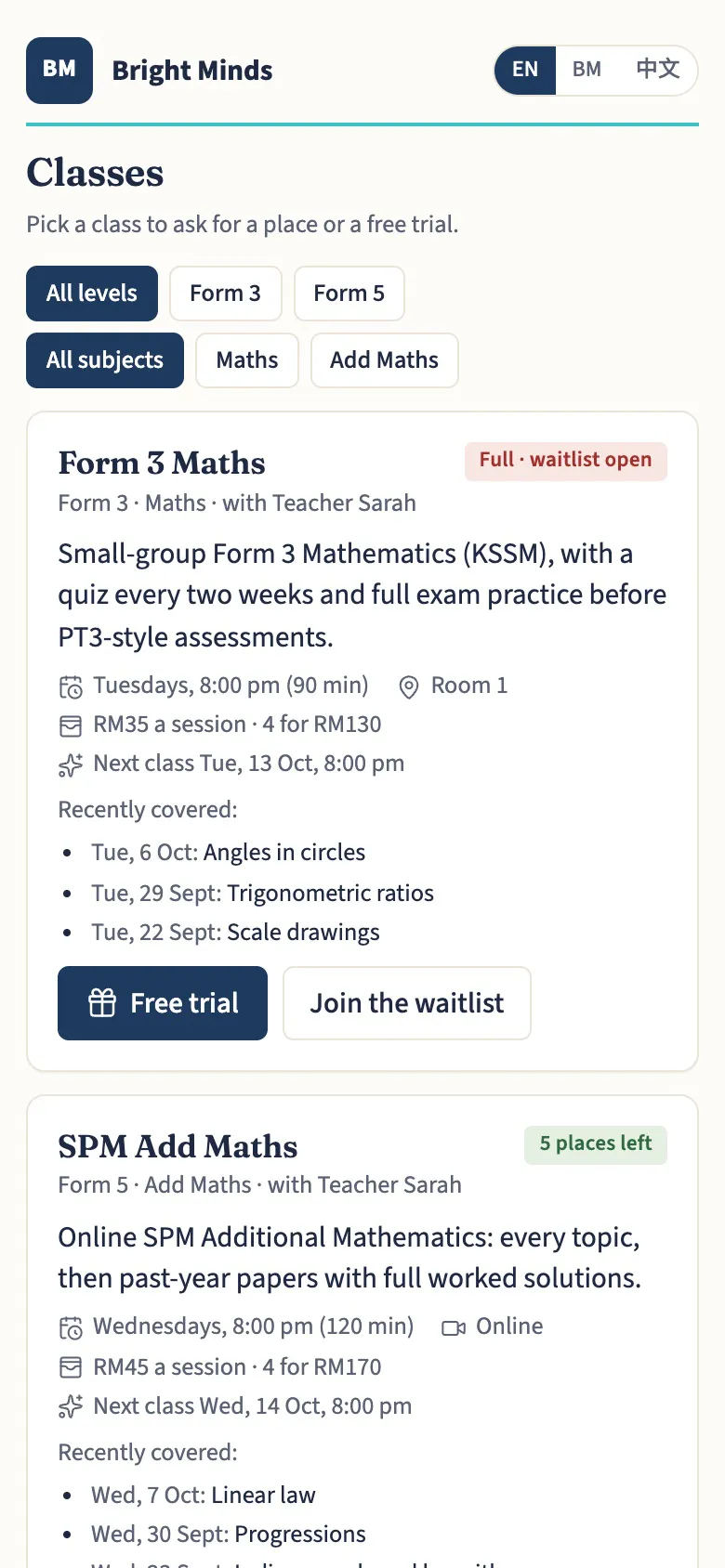 The centre timetable on a phone: classes filtered by level and subject, with places left, price, and buttons for a free trial or the waitlist.